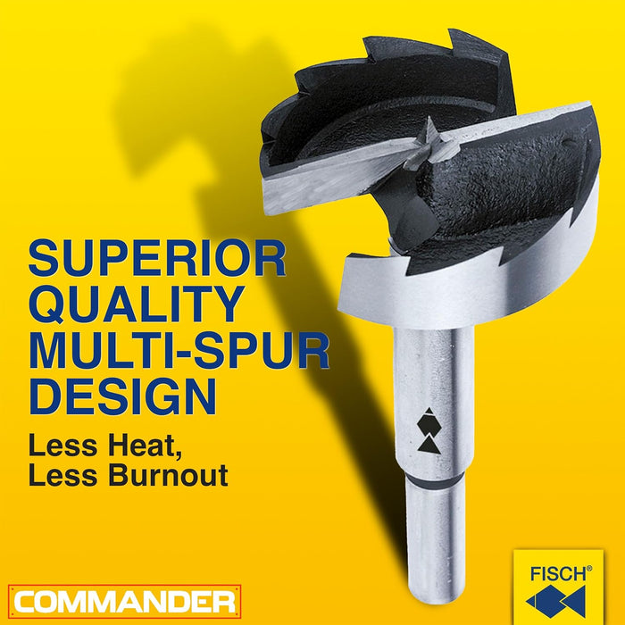 Fisch Multi-Spur Bit (1-1/8" x 1/2") - Best Drill Bits for Wood, Provide Precise Pocket Holes - High Performance Design with Center Point, 2 Cutters and 2 Spurs - FSA-010302 - Made of Tool Steel