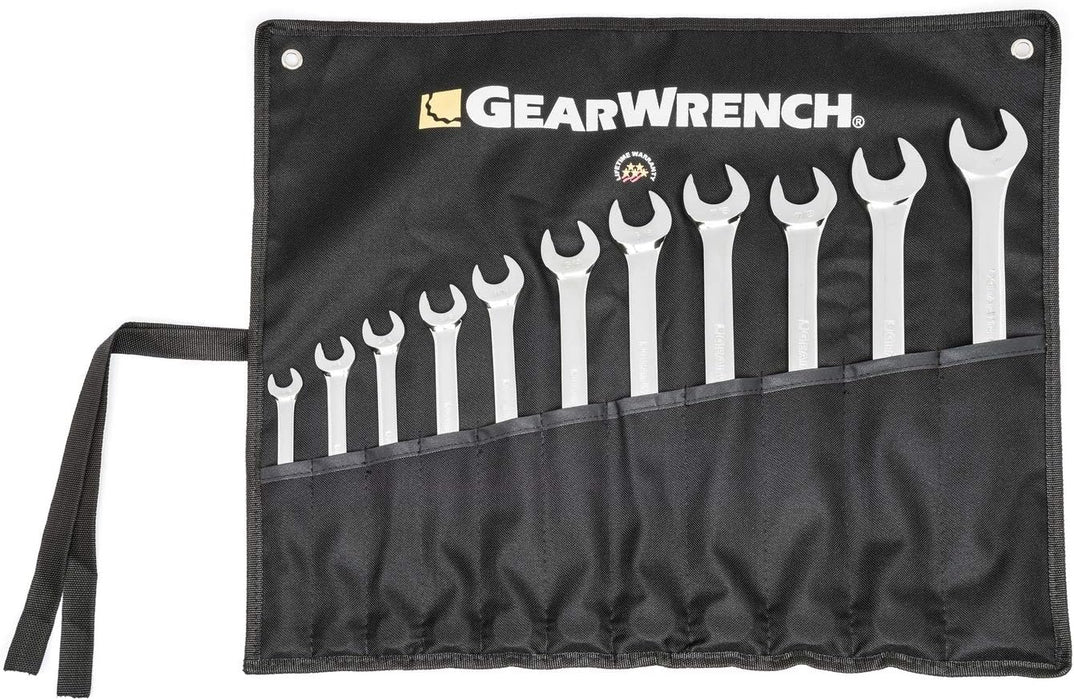 GEARWRENCH Long Pattern Combination SAE Wrench Set with Tool Roll, 11 Pc., 12 Point - 81934 11 Pc With Tool Roll SAE
