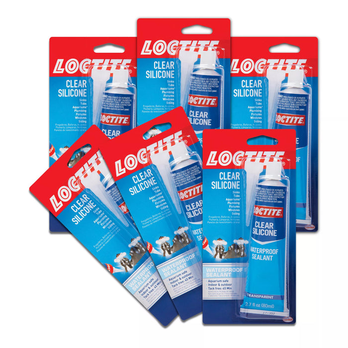 Loctite Silicone Sealant, Clear, 2.7 fl oz Tube, 100% Waterproof Sealant for Glass, Ceramic, Wood, Plastic & More (Pack of 6)