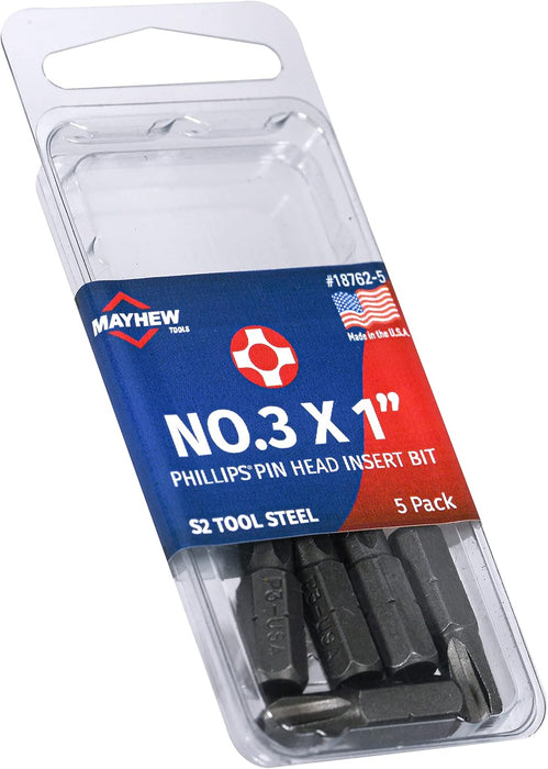 Mayhew Tools 18762-5 USA Phillips Pin Head Insert Bit, No. 3 x 1" (Pack of 5)