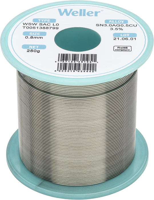 Weller WSW SAC L0 Lead Free Solder Wire, 0.8 mm / 0.039 in Diameter, 250 g / 8.818 oz Weight, Sn96.5Ag3.0Cu0.5 Alloy, 3.5% Flux content - (T0051388799)