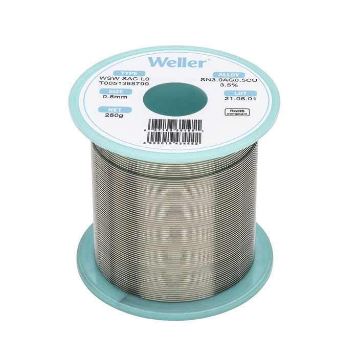 Weller WSW SAC L0 Lead Free Solder Wire, 0.8 mm / 0.039 in Diameter, 250 g / 8.818 oz Weight, Sn96.5Ag3.0Cu0.5 Alloy, 3.5% Flux content - (T0051388799)