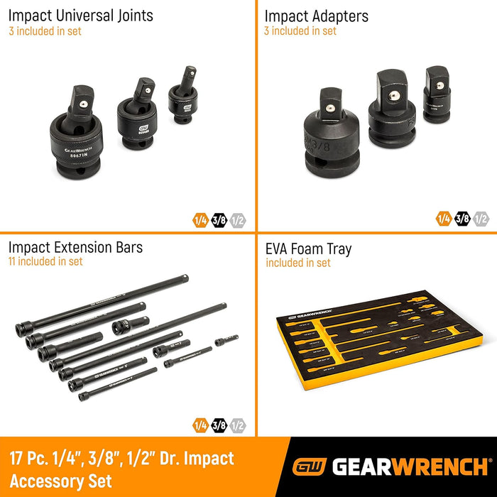 GEARWRENCH 86524 17 Piece 1/4", 3/8", 1/2" Impact Drive Tool Accessories Set with EVA Foam Tray