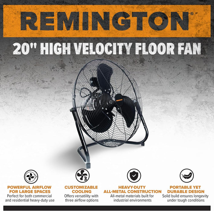 Remington 20REM-F High Velocity Floor Fan, 3 Speed Portable Cooling Unit, Heavy Duty Metal Airflow for Large Shops, Garages, and Warehouses, 20 Inch, Black