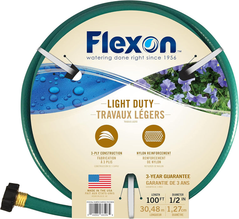 Flexon FR12100CN 1/2" x 100ft Light Duty Garden Hose – Lightweight, Flexible, Kink-Resistant, Durable Vinyl, Leak-Proof Couplings, Weather-Resistant Water Hose for Lawn, Garden, and Outdoor Use