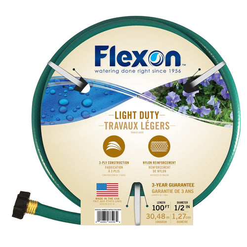 Flexon FR12100CN 1/2" x 100ft Light Duty Garden Hose – Lightweight, Flexible, Kink-Resistant, Durable Vinyl, Leak-Proof Couplings, Weather-Resistant Water Hose for Lawn, Garden, and Outdoor Use