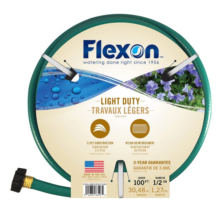 Flexon FR12100CN 1/2" x 100ft Light Duty Garden Hose – Lightweight, Flexible, Kink-Resistant, Durable Vinyl, Leak-Proof Couplings, Weather-Resistant Water Hose for Lawn, Garden, and Outdoor Use