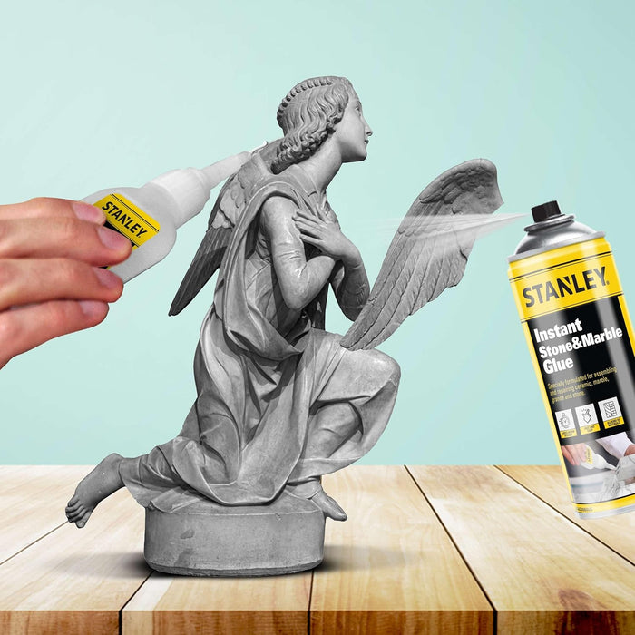 STANLEY Instant Stone & Marble Glue, 3.4 oz - 13.5 fl oz, CA Adhesive with Activator, Cyanoacrylate Bonding Spray for Tile and Craft, Granite, Quartz, Repair (Pack of 1)