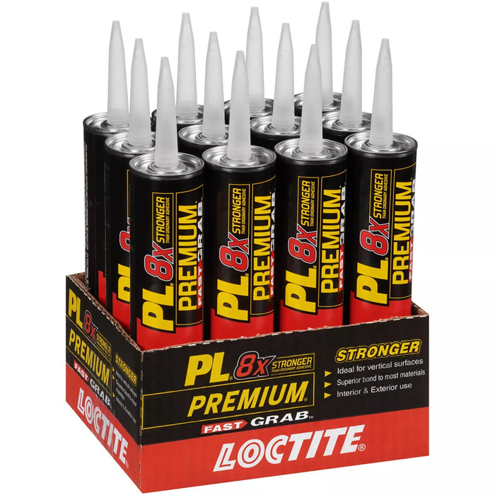 Loctite PL Premium Fast Grab Polyurethane Construction Adhesive, 10 fl oz Cartridge (Pack of 12)