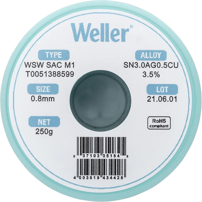 Weller WSW SAC M1 (T0051386399) Lead Free Solder Wire, Dia: 0.8 mm / 0.039 in, Wt: 500 g / 17.637 oz, Alloy Sn96.5Ag3.0Cu0.5, Flux content 3.5% Halide Flux .8 mm 500 gram