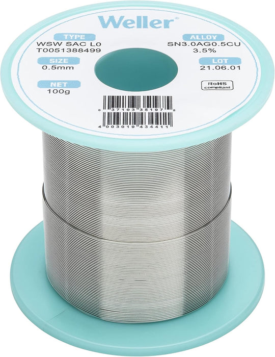 Weller WSW SAC L0 (T0051388499) Lead Free Solder Wire, Dia: 0.5 mm / 0.020 in, Wt: 100 g / 3.527 oz, Alloy Sn96.5Ag3.0Cu0.5, Flux content 3.5%