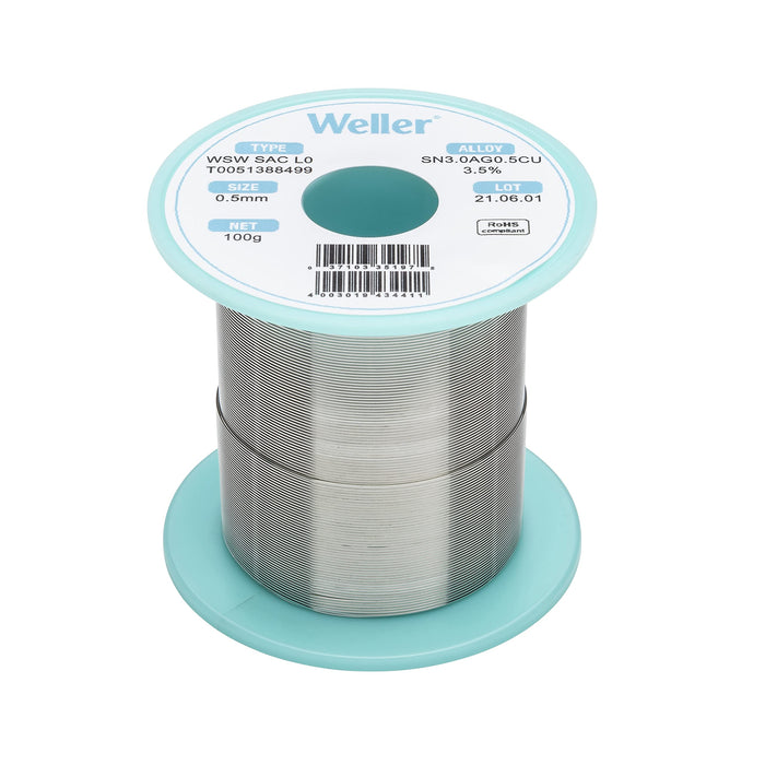 Weller WSW SAC L0 (T0051388499) Lead Free Solder Wire, Dia: 0.5 mm / 0.020 in, Wt: 100 g / 3.527 oz, Alloy Sn96.5Ag3.0Cu0.5, Flux content 3.5%