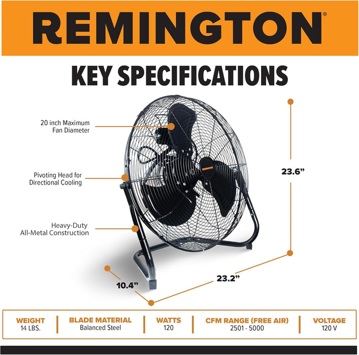 Remington 20REM-F High Velocity Floor Fan, 3 Speed Portable Cooling Unit, Heavy Duty Metal Airflow for Large Shops, Garages, and Warehouses, 20 Inch, Black