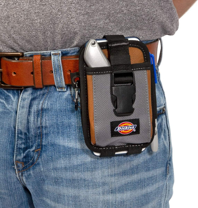 Dickies 57100 2-Compartment Large Phone Pouch, Universal-fit Steel Clip for Tool Belt, Security Strap Over Phone, Carabiner for Quick-Clip Key Storage