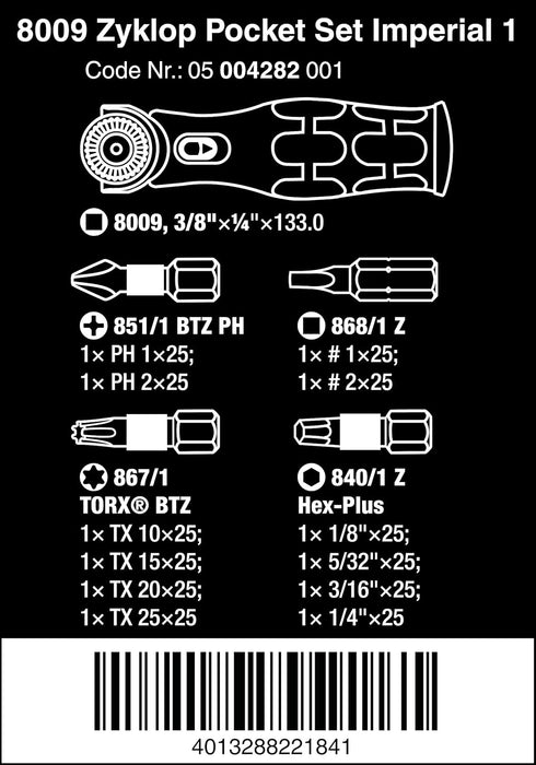 Wera 8009 Zyklop Pocket Set Imperial 1, Ratchet Set, 13 Pieces, Black/Green - 05004282001