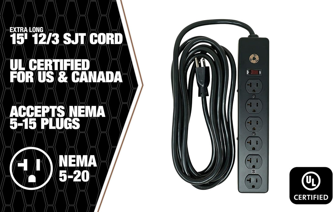 Southwire 5122 20 Amp Rated, 6 Outlet all Metal Power Strip with NEMA 5-20 P&R, 15-foot 12/3 Cord Black 15 ft 6-Outlet 20 Amp