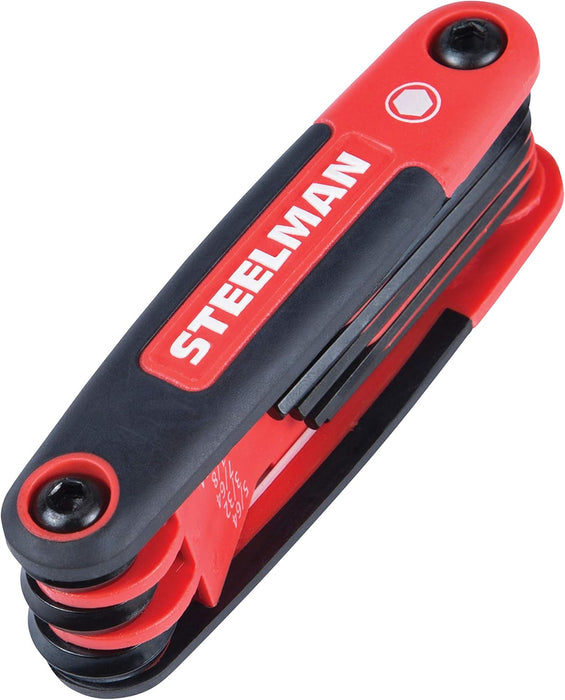 Steelman Portable Folding Hex Key Wrench Multi-Tool Standard (SAE), Set Includes 5/64, 3/32, 7/64, 1/8, 9/64, 5/32, 3/16, 7/32, 1/4-Inch, Chamfered Ends, Rubberized Grip
