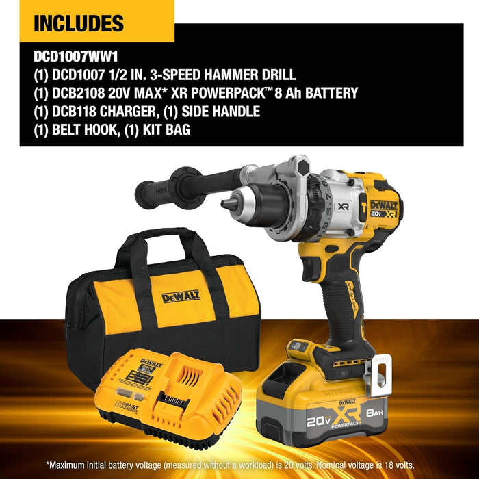 DEWALT DCD1007WW1 20V MAX XR Brushless Cordless 1/2 in. 3-Speed Hammer Drill Kit with XR POWERPACK