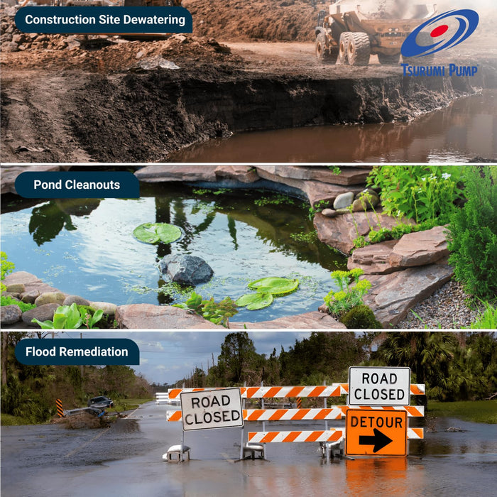 Tsurumi Pump HS3.75S Submersible Trash Pump with Agitator 1 HP 115V 3 in Discharge Ideal For Dewatering Applications, 61 GPM / 3660 GPH