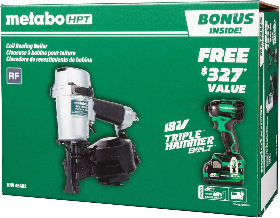 Metabo HPT Pneumatic Roofing Nailer + 18V Impact Driver Pro Bundle Kit, 1-3/4-Inch Coil Roofing Nailer with BONUS 18V Triple Hammer Impact Driver Kit, KNV45AB2