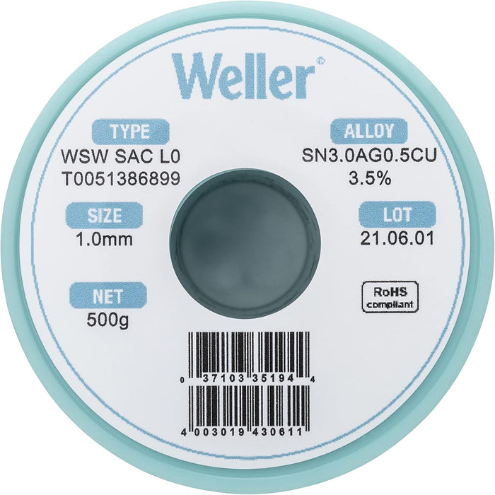 Weller WSW SAC L0 Lead-Free Solder Wire, 1.0 mm / 0.039 in Diameter, 250 g / 8.818 oz Weight, Sn96.5Ag3.0Cu0.5 Alloy, 3.5% Flux content - T0051388899