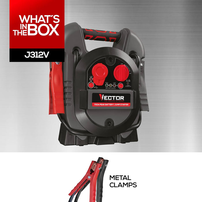 Vector J312V Jump Starter, 700 Peak Amp, USB Charging Port, Rechargeable Battery