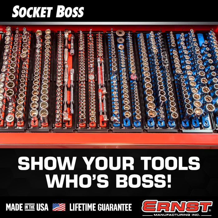 Ernst Manufacturing 18-Inch Socket Boss - Premium 3-Rail Multi-Drive (1/4", 3/8", 1/2") Socket Organizers w Twist Lock Clips, Socket Set Holder for 57 Tools - SAE & Metric - Red (8450) - Made in USA