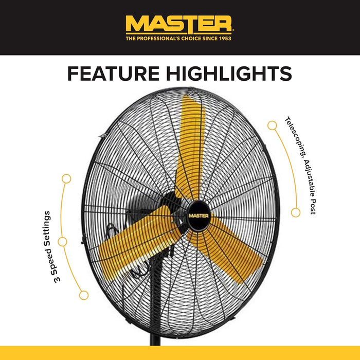 Master MAC-30P High Velocity Pedestal Fan, 3 Speed Portable Metal Standing Fan with Adjustable Height & Swivel Head, Powerful & Efficient Cooling, 30 Inch