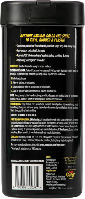Meguiar's Natural Shine Protectant Wipes - 30 Full Size Car Care Wipes Clean and Protect Vinyl, Rubber, and Plastic Surfaces - Streak-Free Wipes with UV Protection and Leave a Satin, Non-Greasy Shine
