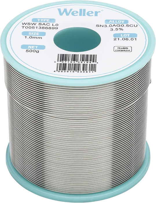 Weller WSW SAC L0 Lead-Free Solder Wire, 1.0 mm / 0.039 in Diameter, 250 g / 8.818 oz Weight, Sn96.5Ag3.0Cu0.5 Alloy, 3.5% Flux content - T0051388899