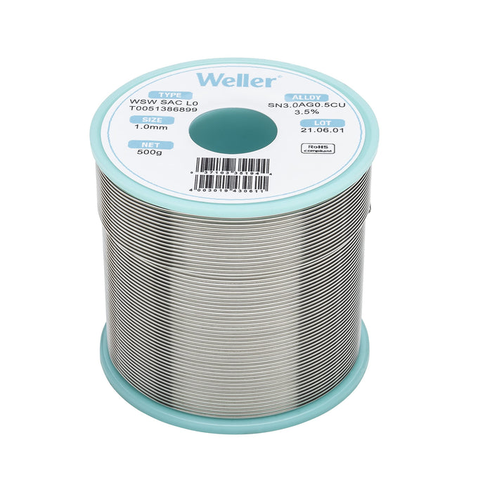 Weller WSW SAC L0 Lead-Free Solder Wire, 1.0 mm / 0.039 in Diameter, 250 g / 8.818 oz Weight, Sn96.5Ag3.0Cu0.5 Alloy, 3.5% Flux content - T0051388899
