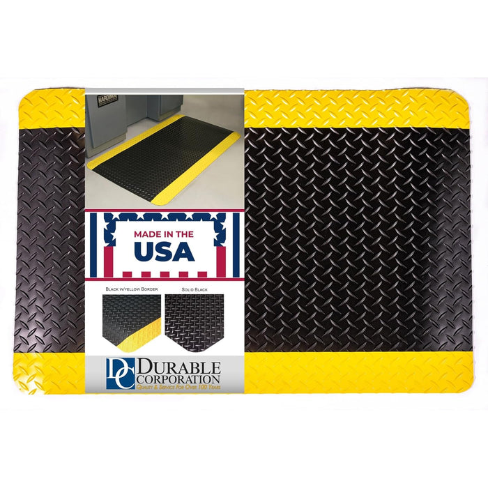 Vinyl Heavy Duty Diamond-Dek Sponge Industrial Anti-Fatigue Floor Mat, 3' x 5', Black with Yellow Border 3' x 5' Solid