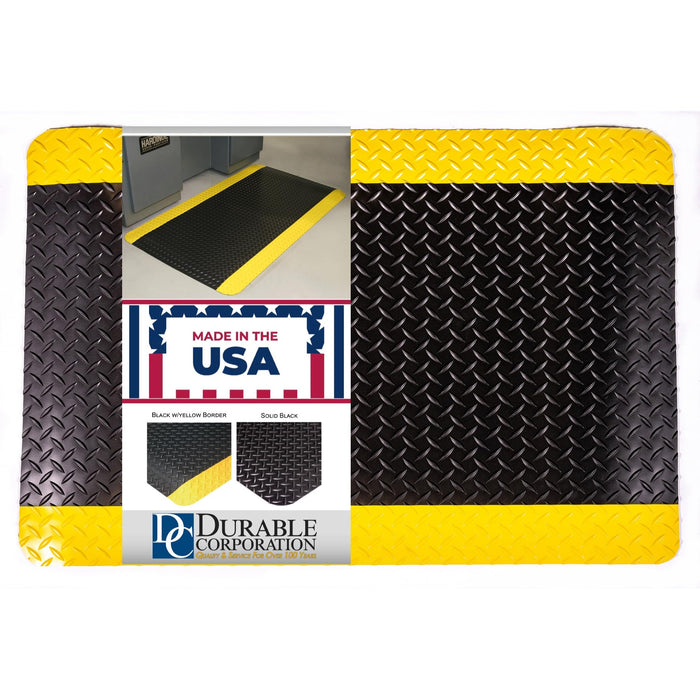 Vinyl Heavy Duty Diamond-Dek Sponge Industrial Anti-Fatigue Floor Mat, 3' x 5', Black with Yellow Border 3' x 5' Solid
