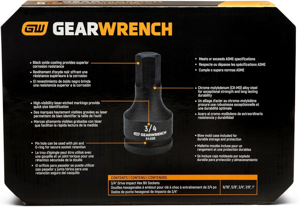 GEARWRENCH 84968-06 Impact Hex Bit Socket Set, 3/4-in Drive, 5 Piece, Metric