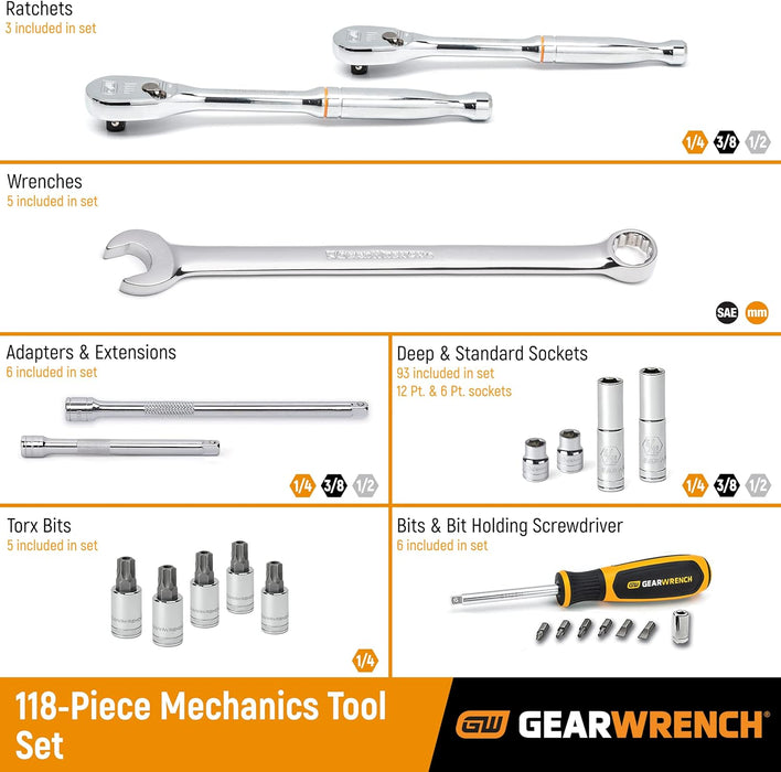GEARWRENCH 83001D 118 Pc. 1/4", 3/8" & 1/2" Drive 6 & 12 Pt. Mechanics Tool Set, Standard & Deep, SAE/Metric