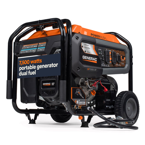 Generac 8011 GP7500E 7,500-Watt Dual-Fuel Compatible Portable Generator, Gas and Propane, COsense Technology with Electric Start, Powerrush Advanced Technology