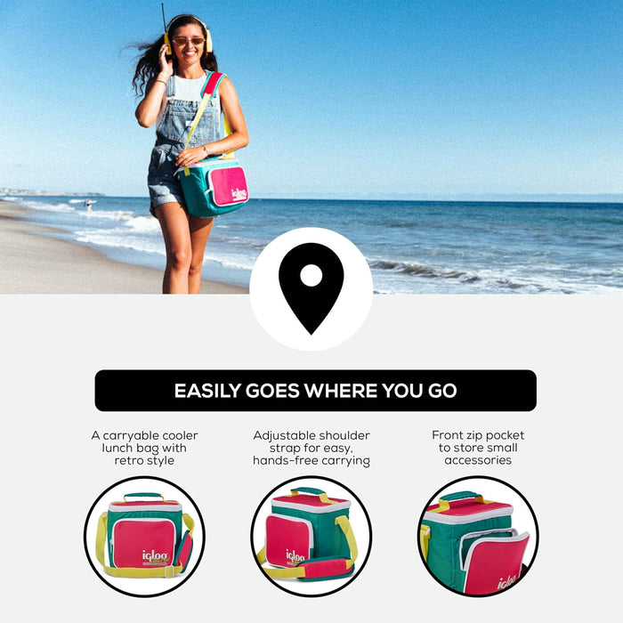 Igloo 000654790 Retro 90s Lunch Coolers, Insulated Lunch Bag, Square Lunch Box Cooler with Front Pocket & Adjustable Strap Neon