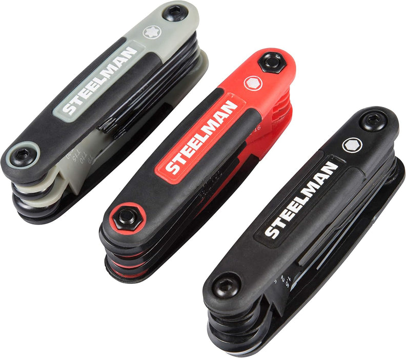 Steelman 41928 3-Piece Set Folding Hex Key Wrench Tools, SAE, Metric, and Torx Allen Wrench Sets, Chamfered Ends, Rubberized Grip