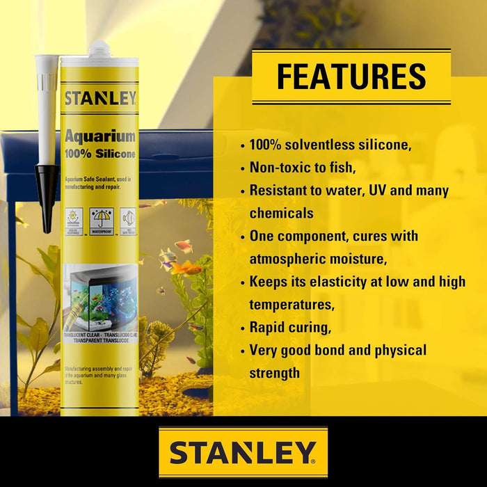 Stanley S420 Aquarium Silicone Sealant Clear, 10.1 Fl. Oz. Fish Tank Safe, Waterproof Bond to Glass, High Elasticity, Non-Toxic Aquarium Sealer for Freshwater & Saltwater (Pack of 1)