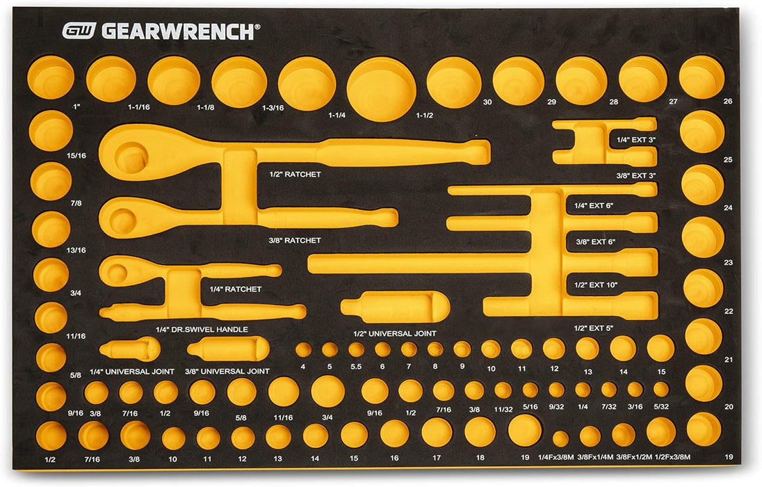 GEARWRENCH 83 Pc. 1/4, 3/8", 1/2" 90-Tooth SAE/Metric Mechanics Tool Set with EVA Foam Tray - 86529
