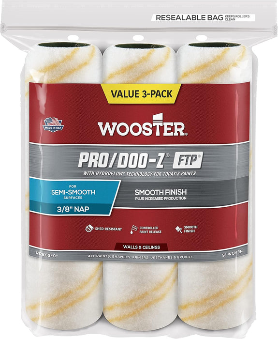 Wooster RR663-9 Pro Doo Z FTP Roller Cover 3/8-Inch Nap, White (Pack of 3)