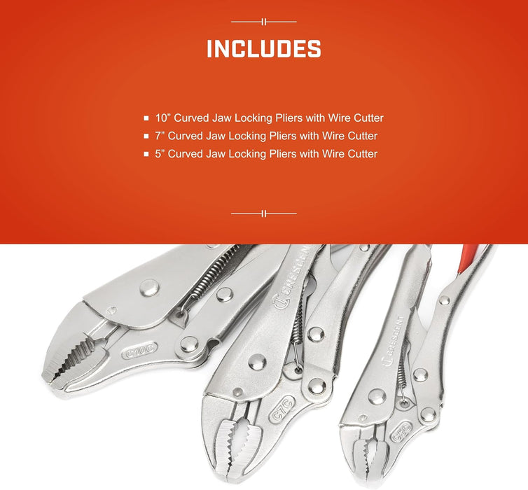 Crescent Curved Jaw Locking Pliers with Wire Cutter - 3 Piece Set - Home DIY & Professional Mechanic Hand Tool for Nuts & Bolts, Cables, Wires - 5", 7" & 10" - CLP3SETN-08
