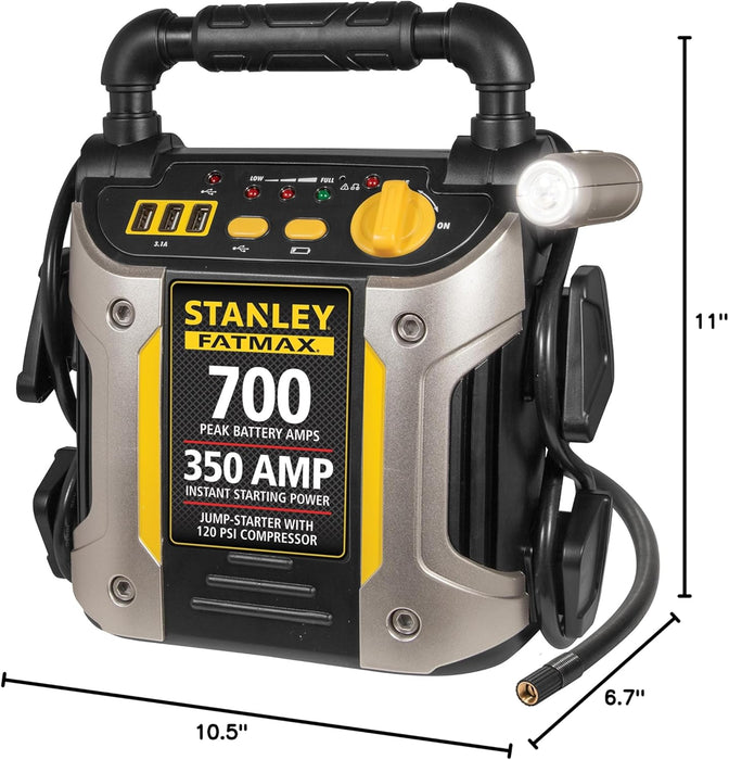 Stanley FATMAX J7CS Portable Power Station Jump Starter 700 Peak Amp Battery Booster, 120 PSI Air Compressor, 3.1A USB Ports, Battery Clamps