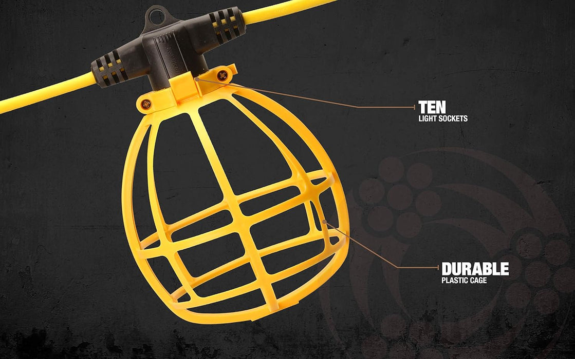 Southwire 7145SW Temporary String Light; 14/2 SJTW; 15-Amp Standard; Plastic Guard; Without Plug & Connector; 100-Foot; Yellow