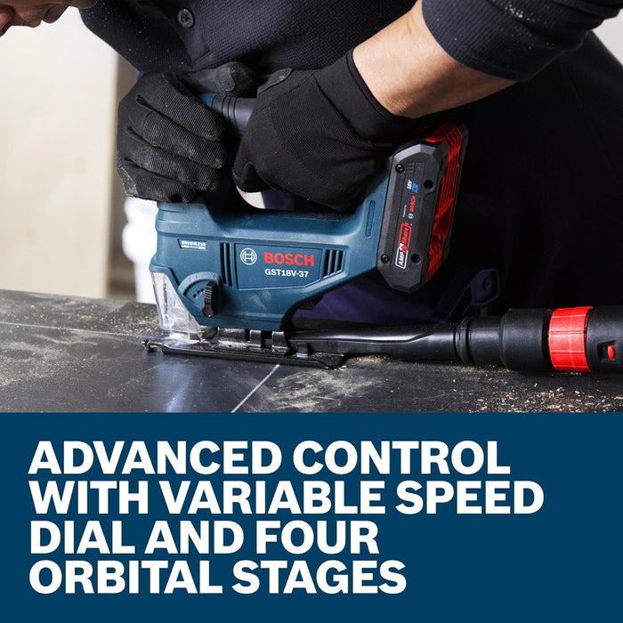 BOSCH GST18V-37N 18V Brushless Top-Handle Jig Saw - Powerful, Compact, 3.7" Cutting Depth, 3300 SPM, 4 Orbital Settings, Variable Speed Dial, LED Light, Tool-Free Blade Change (Bare Tool)