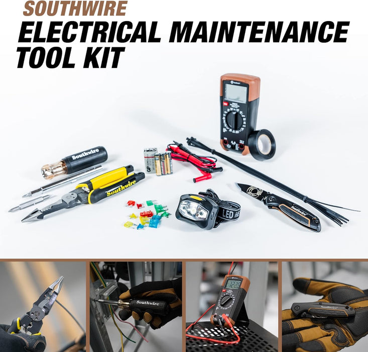 Electrical Maintenance Tool Kit including Multi-Tool Pliers, Multimeter, Multi-Bit Screwdriver, Compact Pocket Knife, LED Headlamp, Buss Blade Fuses, Zip Ties, and Electrical Tape