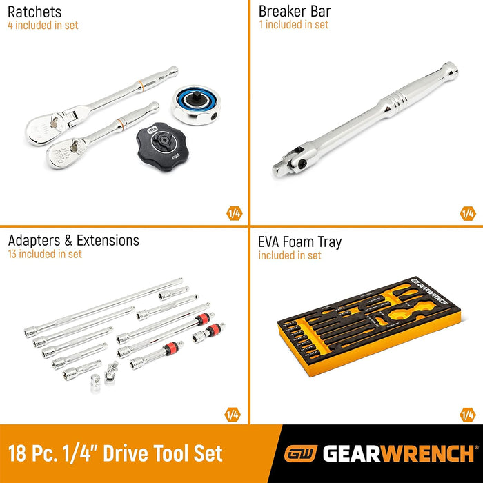 GEARWRENCH 86520 18 Piece 1/4" 90T Ratchet & Drive Tool Set with EVA Foam Tray