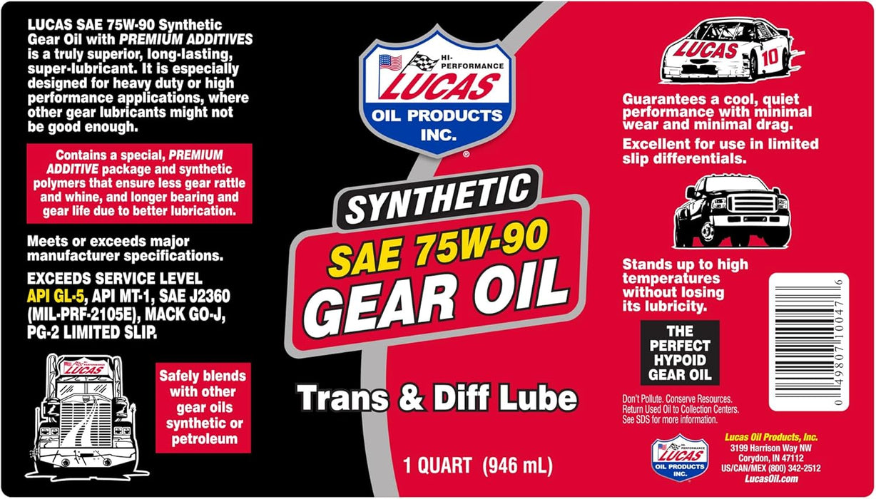 Lucas Oil 10047 SAE 75W-90 Synthetic Gear Oil/Transmission and Differential Lube, 1 Quart
