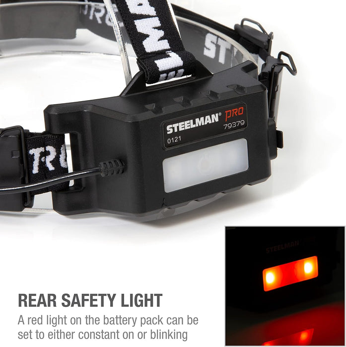 Steelman 79379 Pro Rechargeable Focusing Spotlight Headlamp, Motion-Sensing, Rear Safety Light, Pivoting Head, Up to 260 Lumens of Brightness