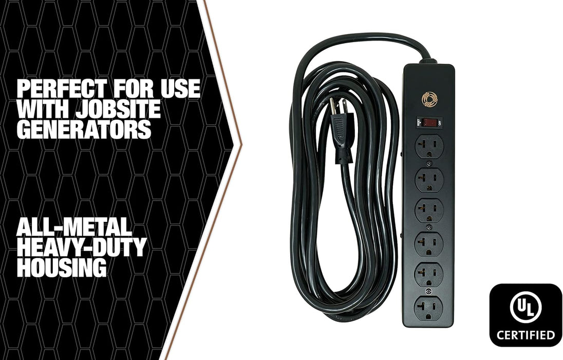 Southwire 5122 20 Amp Rated, 6 Outlet all Metal Power Strip with NEMA 5-20 P&R, 15-foot 12/3 Cord Black 15 ft 6-Outlet 20 Amp